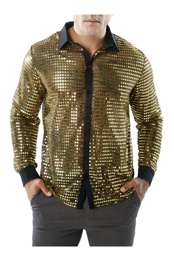 Men's Shinny Dress Shirt Sequins Long Sleeve Button Down Shirt Sparkly Glitter Luxury Disco Party Clubwear