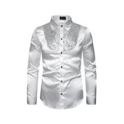 aturustex Men's Shiny Sequins Design Tops Silk Like Satin Button Up Disco Party Dress Shirts