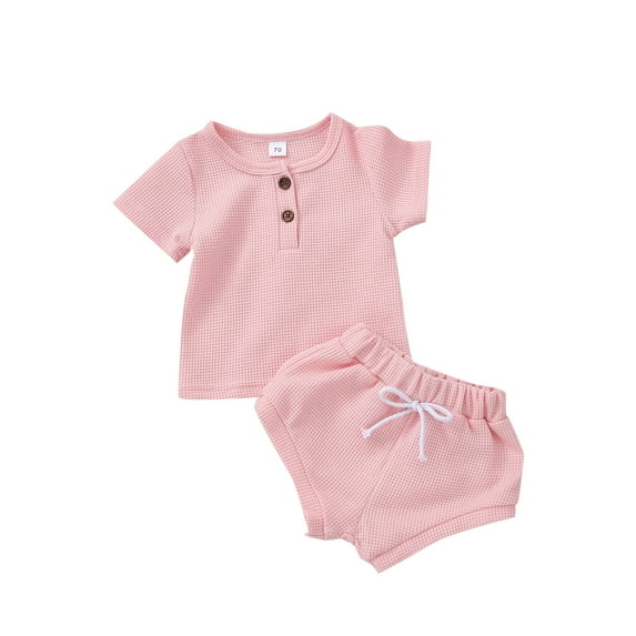 aturustex Newborn Baby Boy Girl Summer Outfits Solid Color Waffle Knitted Short Sleeve T-Shirt Tops Casual High Waist Tie-Up Triangle Shorts 2Pcs Set