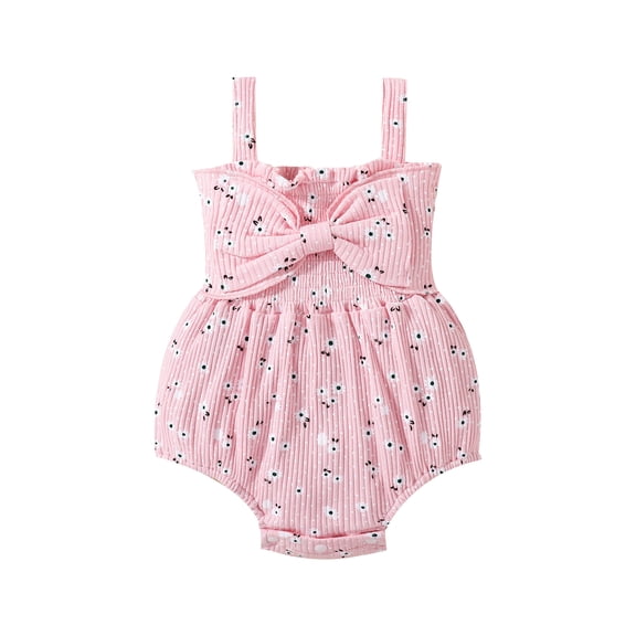 aturustex Newborn Infant Girls Ribbed Bodysuit Sleeveless Flower Dot Print Crotch Snap Romper with Bow Decor