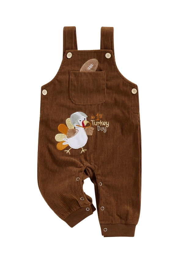 Thanksgiving Clothes for Baby Girls Boys Overalls Infant Letter Turkey Embroidered Jumpsuit Sleeveless Straps Pocket Corduroy Rompers Toddler Fashion Cute Casual Clothes 0-18M