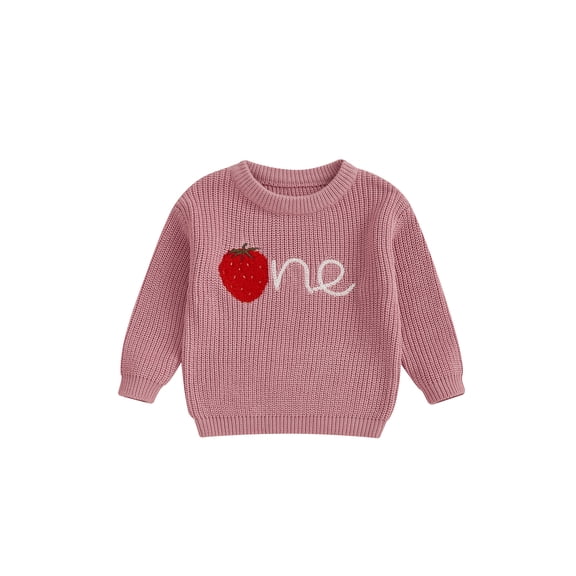 aturustex Toddler Baby Girl Birthday Cozy Sweaters 9M 12M 18M Infant Long Sleeve Knit Pullovers Round Neck Knitted Jumpers Strawberry Embroidery Knitwoose Warm Casual Clothes for Spring Fall