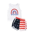 thumbnail image 1 of aturustex Toddler Baby Girl Boy 4th of July Outfit Rainbow Print T-Shirt/Tank Top+American Flag Shorts Summer Clothing Sets (1-5 Years), 1 of 8