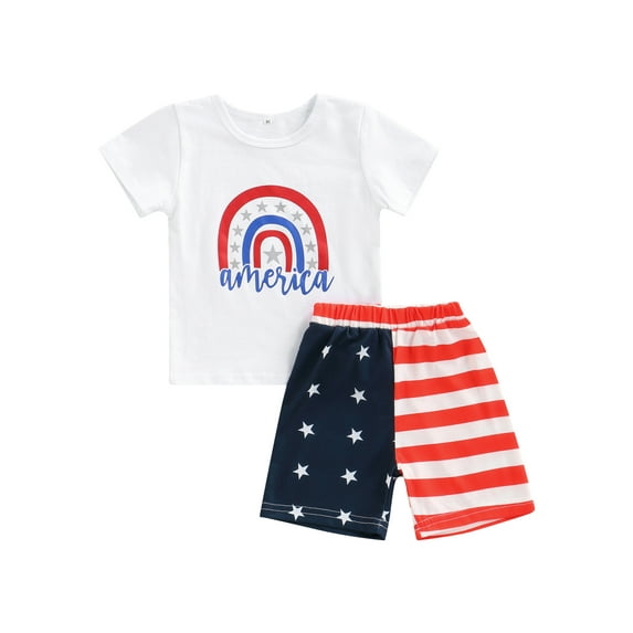 aturustex Toddler Baby Girl Boy 4th of July Outfit Rainbow Print T-Shirt/Tank Top+American Flag Shorts Summer Clothing Sets (1-5 Years)