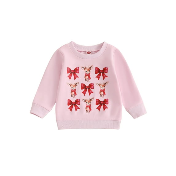 aturustex Toddler Baby Girl Christmas Sweatshirt Infant Elk Bow Print Pullovers Long Sleeve Crew Neck Jumpers Little Girls Loose Casual Fall Tops for Kids Cute Christmas Costume Clothes