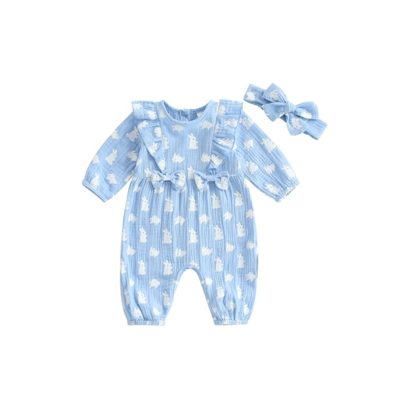 aturustex Toddler Baby Girl Easter Jumpsuits Outfits 0 3M 6M 12M 18M Infant Long Sleeve Rompers Bunny Print Jumpsuit Crew Neck Bodysuits Pants with Hely Spring Fall Clothes for Holiday Party