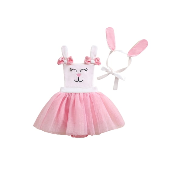 aturustex Toddler Baby Girl Easter Overall Romper Dress 0 3M 6M 12M 18M Infant Bunny Embroidery Bodysuit Tulle Dress Sleeveless Jumpsuit Square Neck Rily Summer Clothes Set for Holiday Party