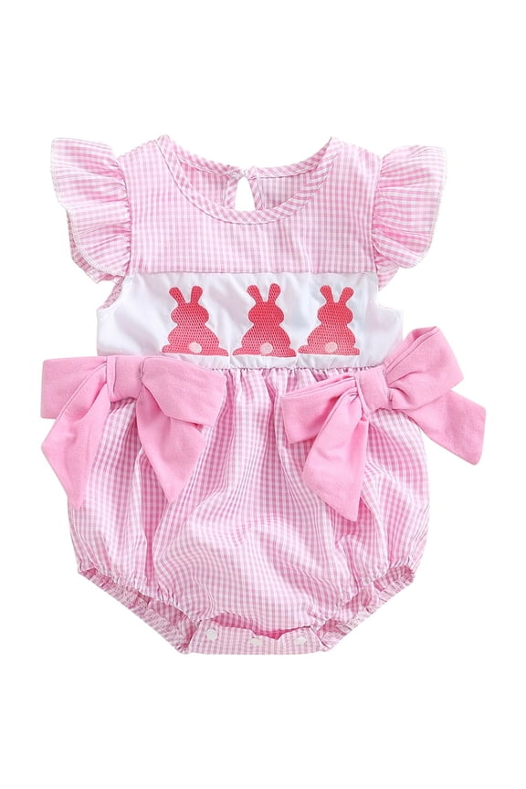 Toddler Baby Girl Easter Romper 0 3M 6M 12M 18M Infant Fly Sleeve Bubble Romper Crew Neck Bodysuits Newborn Bunny Print Bowknot Jumpsuits Lie Casual Comfy Outfits for Holiday Party