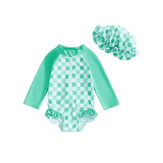 aturustex Toddler Baby Girl Rash Guard Swimsuit with Sun Hat 0-24M Infant Long Sleeve Zipper Bodysuits Swim Classic Checkered Print Rompers Crew Neck ar Beachwear for Holiday Party Swim Pool