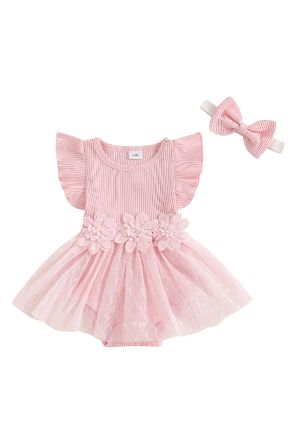 Toddler Baby Girl T-shirt Romper with Mesh Skirt 0 3M 6M 9M 12M 18M Infant Short Sleeve Bodysuits Tulle Dress O Neck Rompers Flower Patch Sol Daily Summer Outfits for Holiday Party