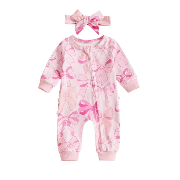 aturustex Toddler Baby Girl Zipper Romper with Bow Headband 0-18M Infant Bow Dot Pattern Jumpsuit Set Long Sleeve Rompers Zip Up Crew Neck Bodysuits Pute 2Pcs Daily Comfy Spring Fall Outfits