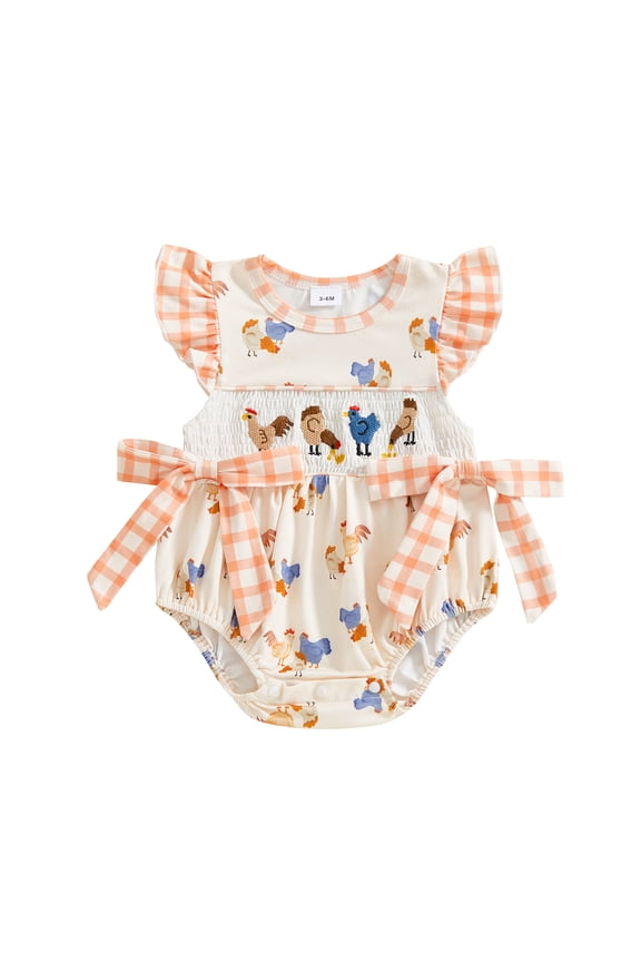 Toddler Baby Girls Bubble Romper 0 3M 6M 12M 18M Infant Newborn Flying Sleeve Bodysuit Plaid Chick Print Jumpsuit Crew Neck Bow Smocked Rompily Summer Clothes Set for Holiday Party
