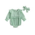 thumbnail image 1 of aturustex Toddler Baby Girls Bubble Rompers Outfits 0 3M 6M 12M 18M Infant Crew Neck Bodysuits Long Sleeve Romper Classic Plaid Jumpsuits with Headbanasual 2Pcs Daily Spring Fall Clothes Set, 1 of 7