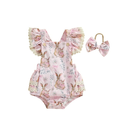 aturustex Toddler Baby Girls Easter Romper Outfits 0 3M 6M 12M 18M Infant Flower Bunny Print Overalls Lace Trim Flying Sleeve Bodysuits Square Neck Ro Clothes Set Beachwear for Holiday Party