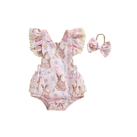 aturustex Toddler Baby Girls Easter Romper Outfits 0 3M 6M 12M 18M Infant Flower Bunny Print Overalls Lace Trim Flying Sleeve Bodysuits Square Neck Ro Clothes Set Beachwear for Holiday Party