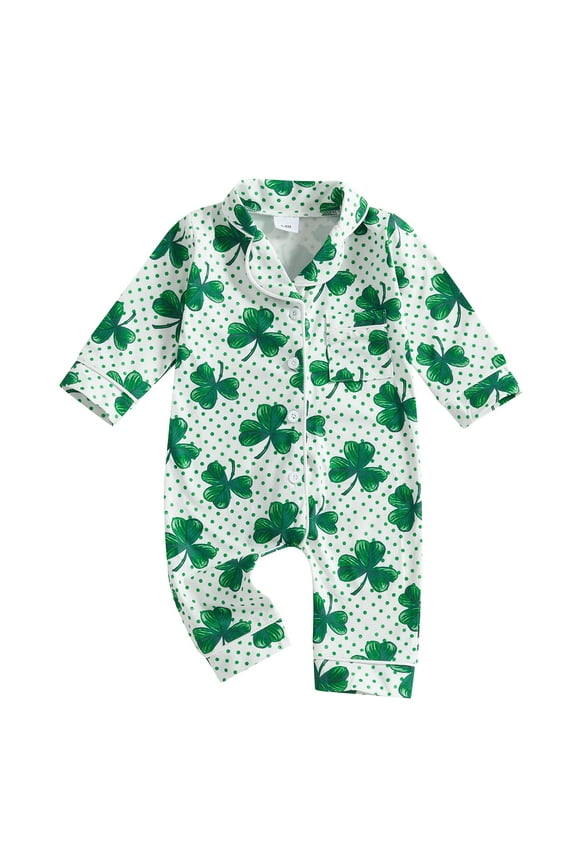 Toddler Baby Girls Irish Day Pajamas 0 3M 6M 12M 18M 24M Infant Classic Shamrock Print Loungewear Button Long Sleeves Jumpsuit Lapel Rompersual Cute Daily Sleepwear for Spring Fall