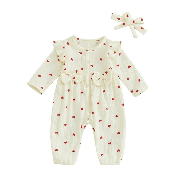 aturustex Toddler Baby Girls One piece Rompers 0 3M 6M 12M 18M Infant Heart Print Bowknot Jumpsuits Round Neck Ruffles Long Sleeve Bodysuits with Heades for Kids Valentines Day Daily Outfits