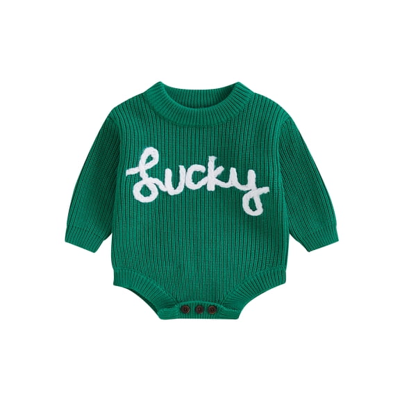 aturustex Toddler Boy Girl Irish Sweater Romper 0 3M 6M 12M 18M Infant Baby Long Sleeve Sweatshirt Bodysuits Letter Embroidery Knit Pullovers Thick Wate Casual Cozy Outfits for Holiday Party
