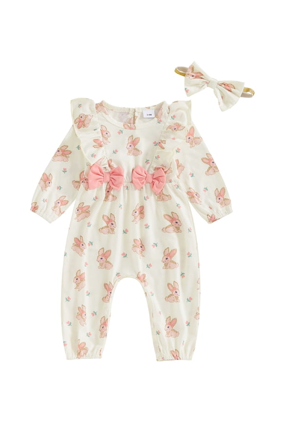 Toddler Girl 2Pcs Easter Jumpsuit Outfits 0 3M 6M 12M 18M Infant Baby Long Sleeve Bubble Bodysuits Pants Round Neck Rompers Bunny/Duck Printal Spring Fall Clothes for Holiday Party