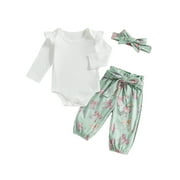 JUNHO YEO aturustex Toddler Girls 3PCS Pants Outfits 0 3M 6M 12M 18M Infant Baby Long Sleeve Bodysuits O Neck Romper Solid Ribbed Jumpsuits Bow Print Pants Headashion Loose Casual Daily Floral Clothes