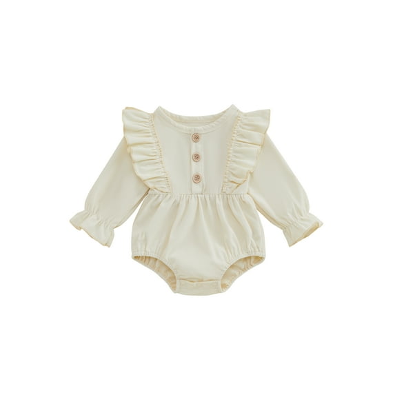 aturustex Toddler Girls Solid Bubble Romper 0 3M 6M 12M 18M Infant Baby Long Sleeve Bodysuit Solid Button Jumpsuits Round Neck Rompers Newborn Little se Cute Casual Daily Spring Fall Clothes