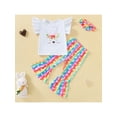 thumbnail image 1 of aturustex Toddler Kid Girl Easter Clothes Set Bunny Print Tops Rainbow Rabbits Pattern Flare Pant Headband 3Pcs Summer Set, 1 of 9