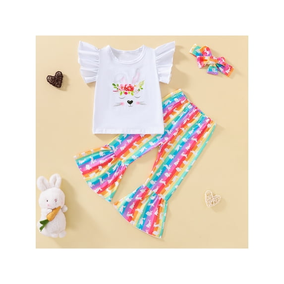 aturustex Toddler Kid Girl Easter Clothes Set Bunny Print Tops Rainbow Rabbits Pattern Flare Pant Headband 3Pcs Summer Set