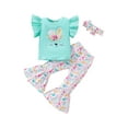 thumbnail image 1 of aturustex Toddler Kid Girl Easter Clothes Set Bunny Print Tops Rainbow Rabbits Pattern Flare Pant Headband 3Pcs Summer Set, 1 of 9