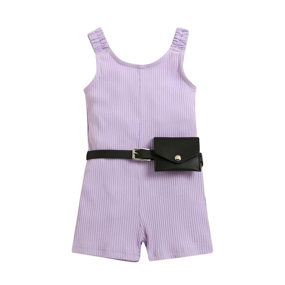 aturustex Toddler Kids Girl Jumpsuit Sets Ribbed Wide Strap Sleeveless Short Playsuit and Solid Color Waist Bag Summer Suits
