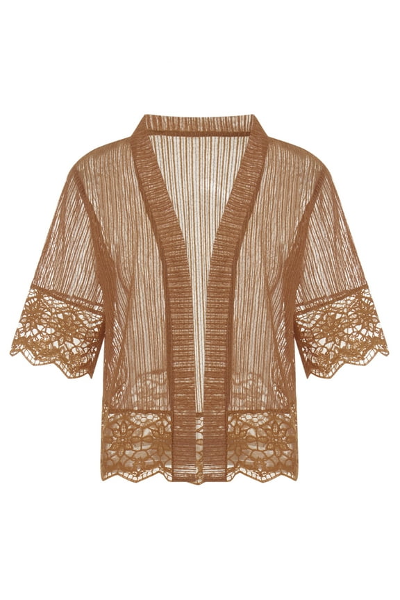 Women Casual See Through Lace Solid Color Crochet Cardigan Cover Up Jacket Plus Size Top