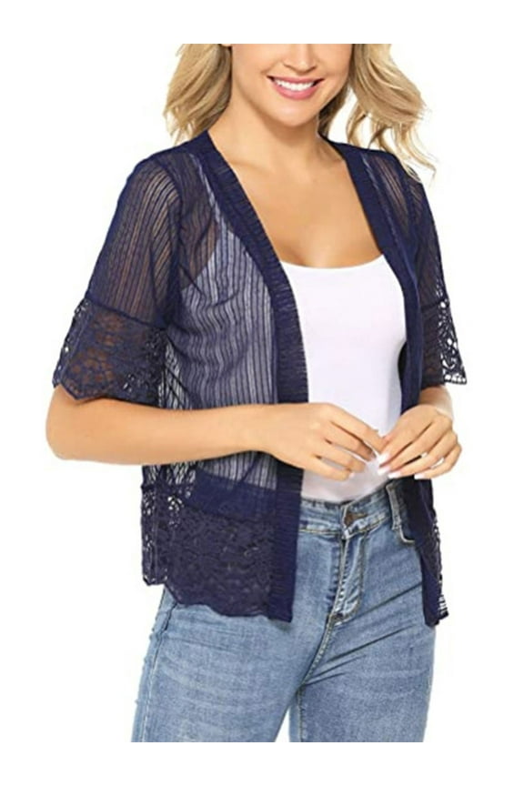 Women Casual See Through Lace Solid Color Crochet Cardigan Cover Up Jacket Plus Size Top