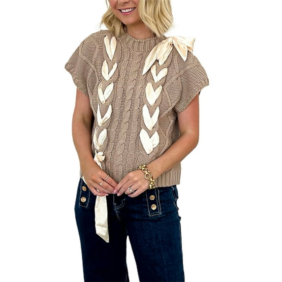 aturustex Women Loose Knit Cozy Sweater Ladies Cross Tie-Up Short Sleeve Pullovers Knitted Round Neck Thick Jumpers Casual Chunky Cable Crochet Tops Cute Daily Fall Winter Clothes Streetwear
