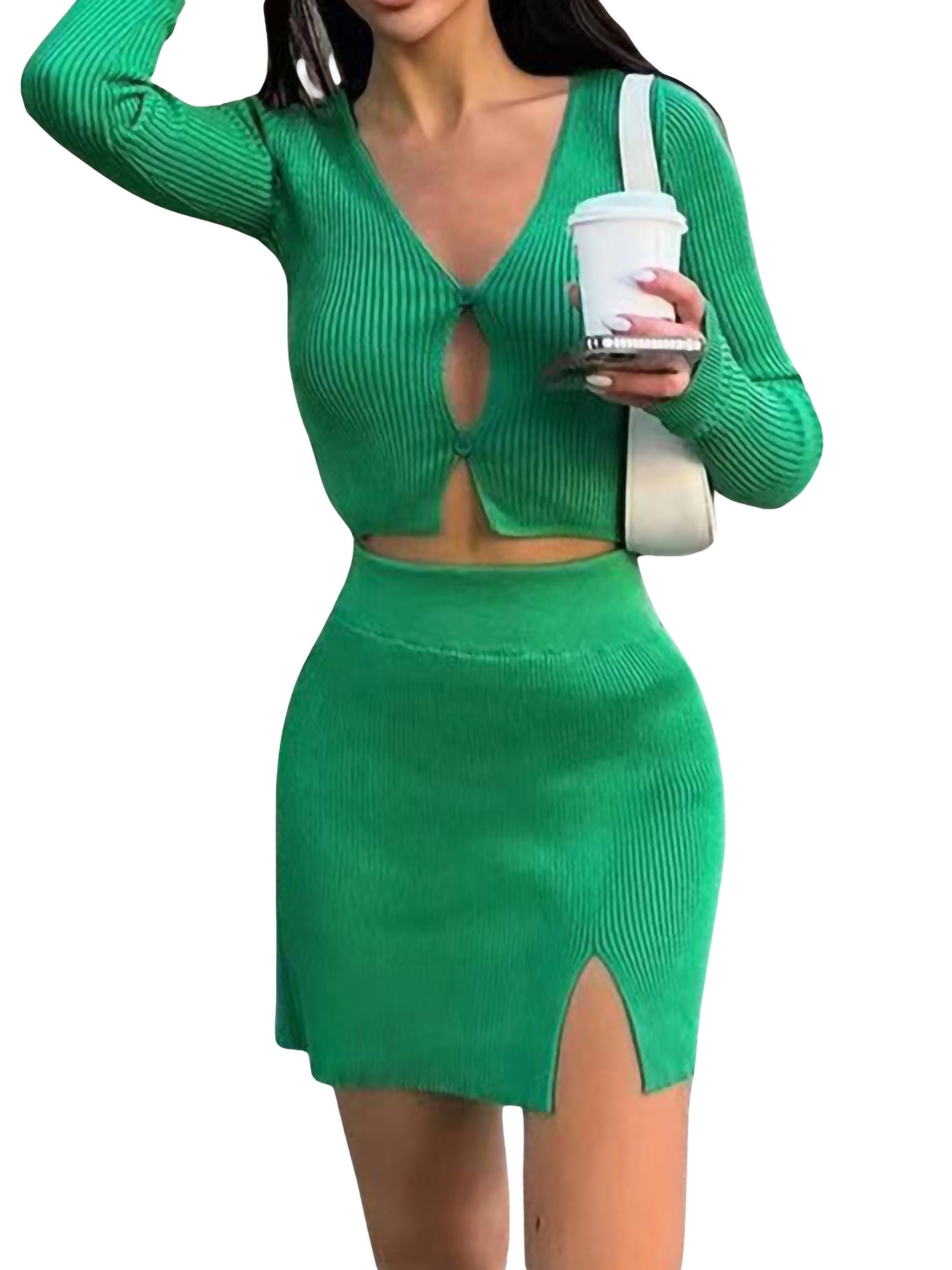 aturustex Women Rib Solid Color Skirt Set Sexy Long Sleeve Crochet Knit