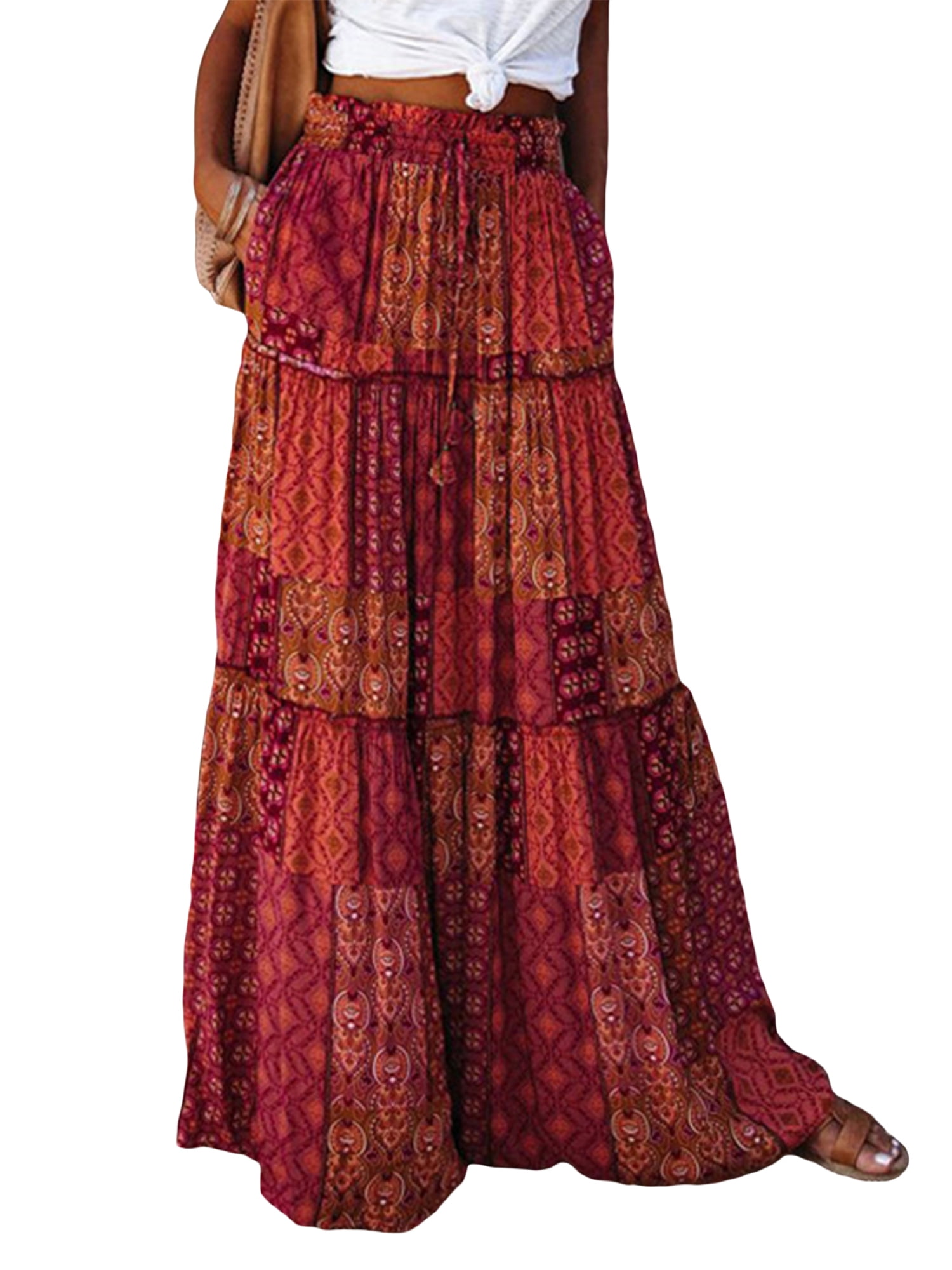 aturustex Women's Bohemian Skirts High Waist Tiered Long Skirts with