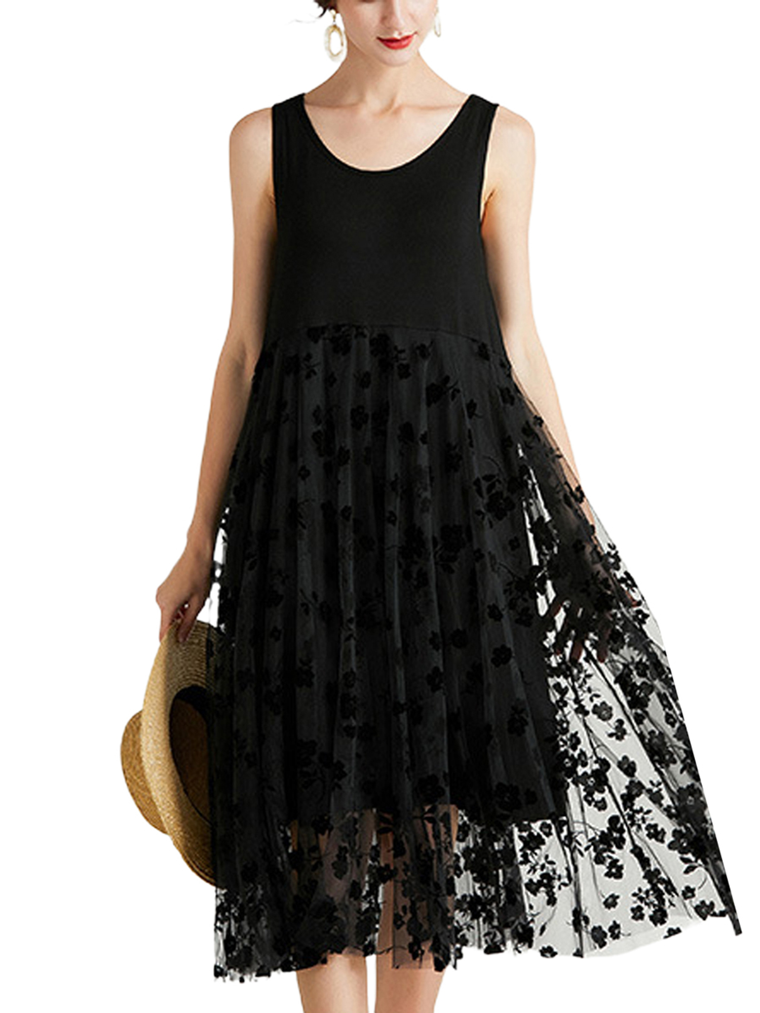 aturustex Women's Summer Tank Dress, Sleeveless Floral Print Mesh Long ...