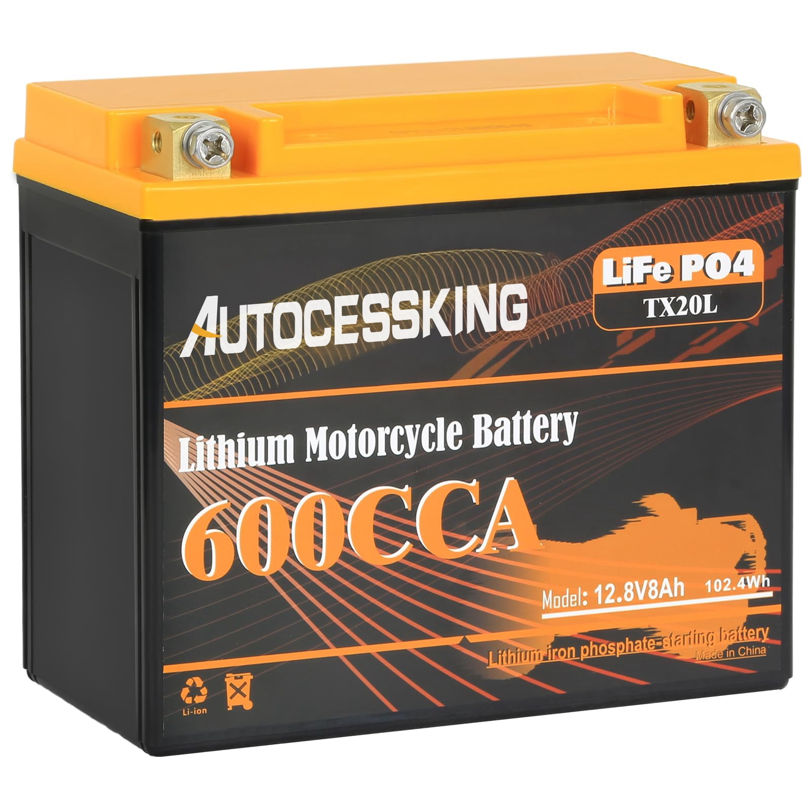 autocessking YTX20L-BS Lithium Motorcycle Battery LiFePO4 600A 12V 8AH Automotive Battery Size 20 for ATV UTV Scooter Snowmobile Jet Ski Generator Tractor Personal Watercraft Seadoo 4 Wheeler Battery