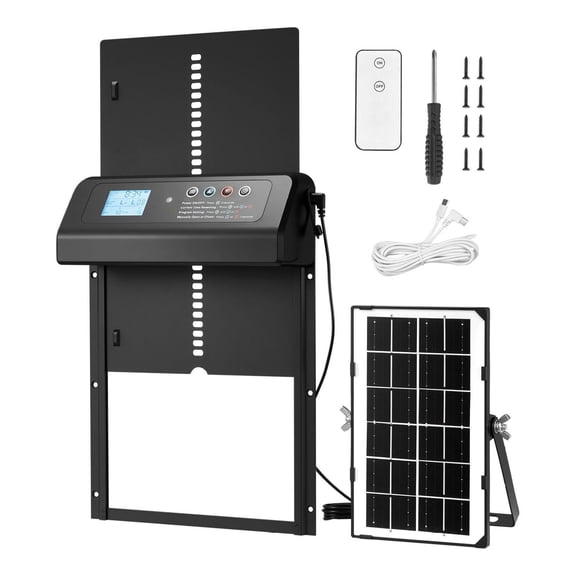 automatic chicken coop door, solar & battery powered, remote control, light sensor, timer, aluminum alloy, black