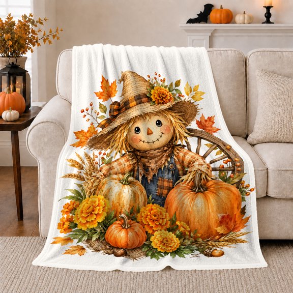 autumn celebration Harvest Scarecrow Pumpkin Garden Scene, Warm Flannel Blanket for Living Room and Reading Nook, Festive autumn celebration Scene, Art Lovers autumn celebration Gift