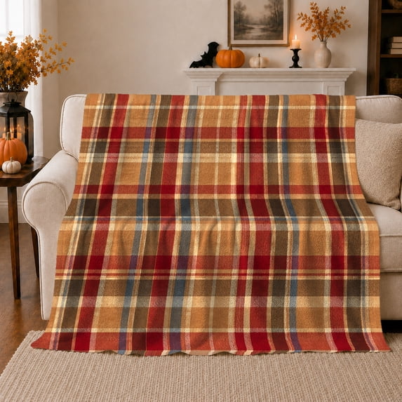 autumn celebration Pumpkin Bat Autumn Plaid, Festive autumn celebration Scene, Warm Flannel Blanket for Ranch House and Living Room, Art Lovers autumn celebration Gift, Festive Home Decor