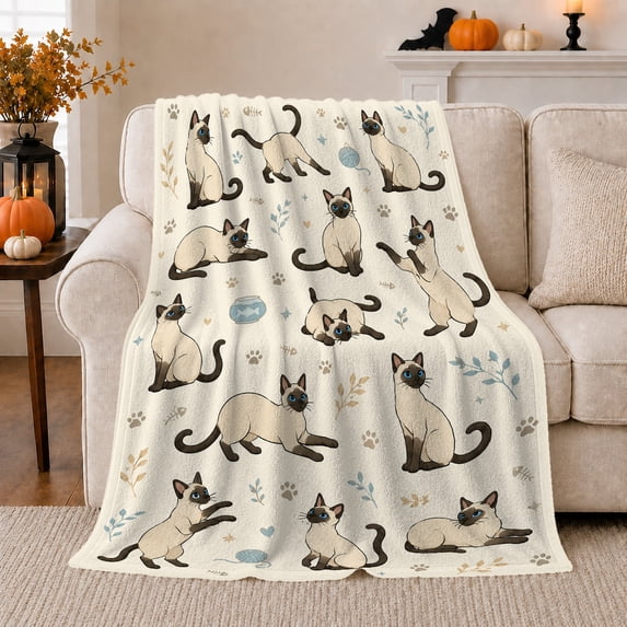 autumn celebration Siamese Cat Pattern Autumn Cream, Playful Pet Portrait Pattern, Warm Flannel Blanket for Living Room and Bedroom, Cat Lovers autumn celebration Gift, Pet Lover Home Decor