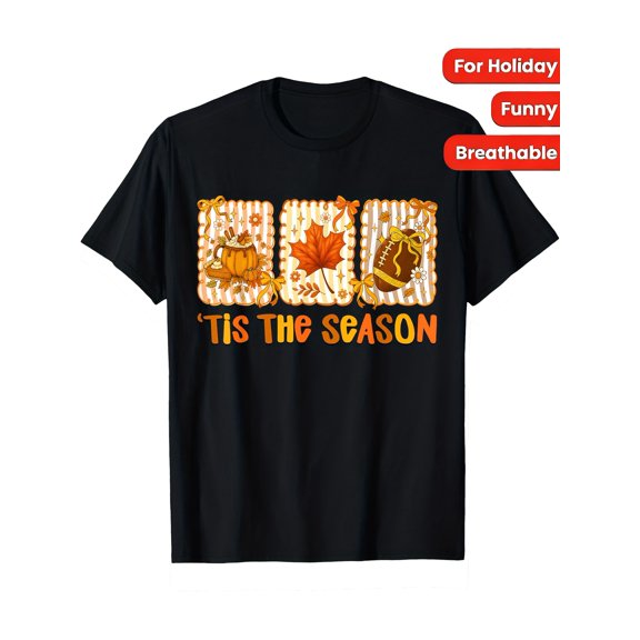 autumn themed black t shirt colorful pumpkin maple leaf football graphic text trendy casual wear for holiday eventsmens black loose short sleeve t shirt