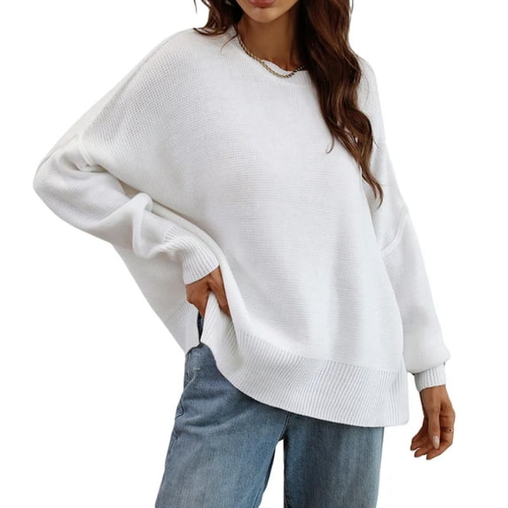 autumn and winter new fashion long-sleeved round neck knitted sweater loose pullover sweater elegant women's solid color slit sweater knitted sweater-White-M