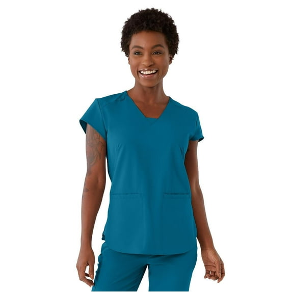 ave. Monroe Women's Two Pocket V-Neck Tunic Scrub Top in Caribbean Blue, XS