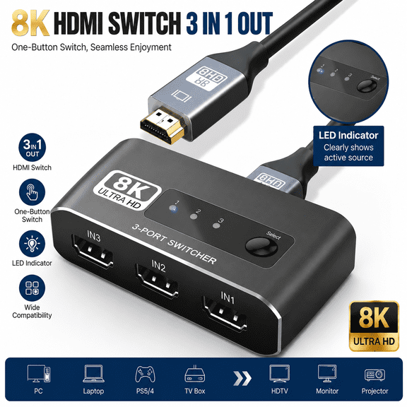 4K@120HzZecamin HDMI 2.1 Switch 4K 120Hz, Aluminum Alloy 8K@60Hz HDMI Switch 3 in 1 Out with Cables, 3x1 HDMI Switcher Selector, Ultra HD 4k Hdmi Selector Switcher for Game Consoles, Fire Stick