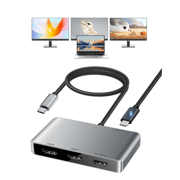 avedio links USB-C to 3 HDMI Adapter, HDMI Splitter for Triple Monitor Display, with 100W PD Port, 4K@60Hz and 1080p Output, Supports Extended Display for Windows/Mac OS, Displays 4 Separate Screens