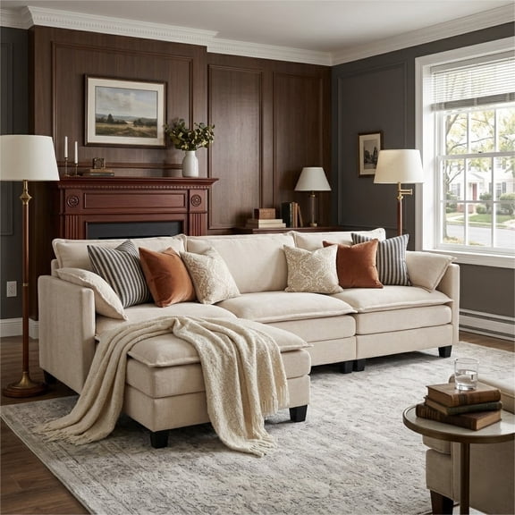 avobird 102-inch L-shaped Sofa with dual charging ports at the arms, Chenille Fabric, Upholstered Deep Seat Couches for Living Room, Beige