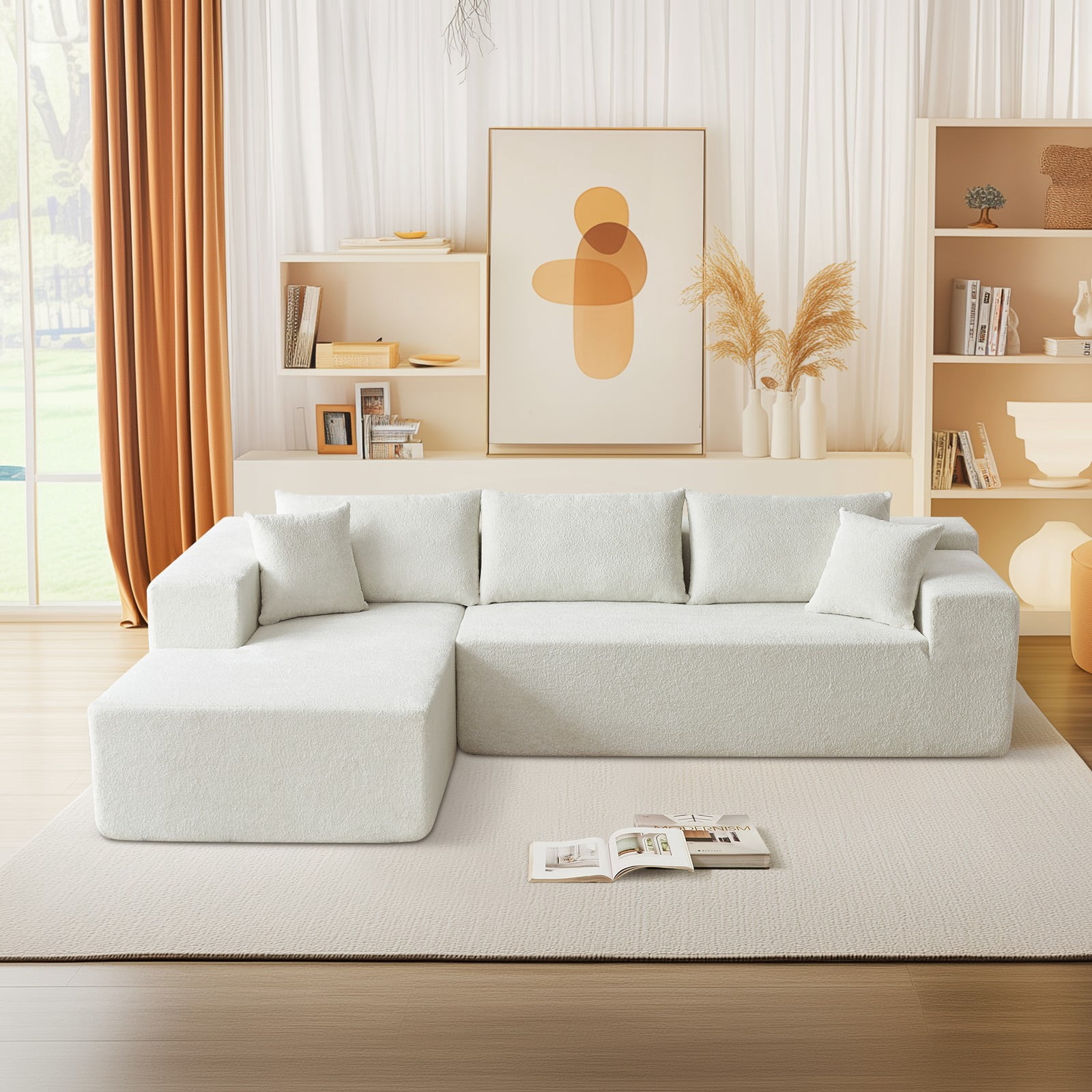 Vinform 103.54 Inch Velvet Sectional Sofa, Modern L-Shaped Modular Sofa with High-Density Foam (Includes Chaise Lounge and Throw Pillows), Upholstered Cloud Sofa for Living Rooms(Beige/Right Side)