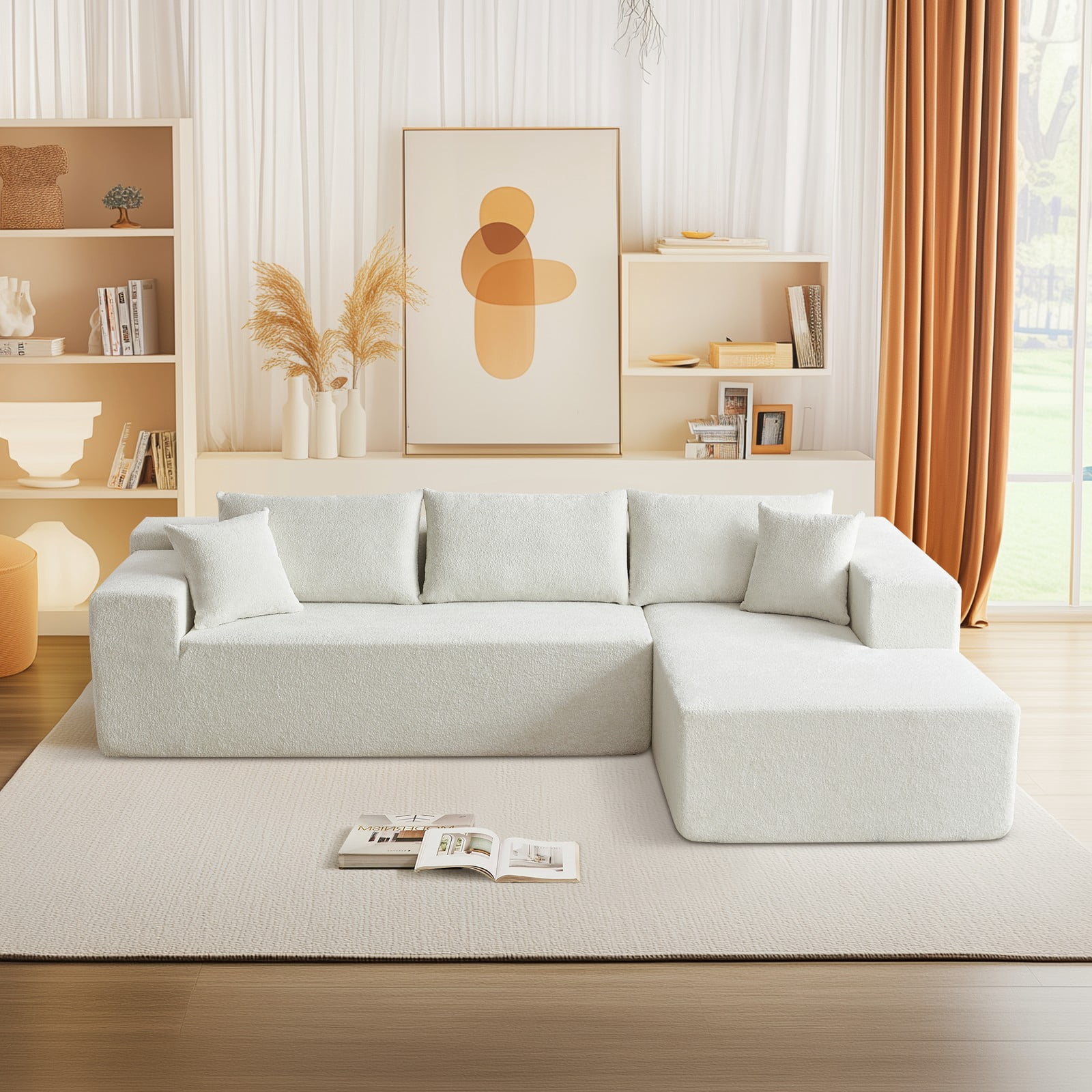 Vinform 103.54 Inch Velvet Sectional Sofa, Modern L-Shaped Modular Sofa with High-Density Foam (Includes Chaise Lounge and Throw Pillows), Upholstered Cloud Sofa for Living Rooms(Beige/Left Side)