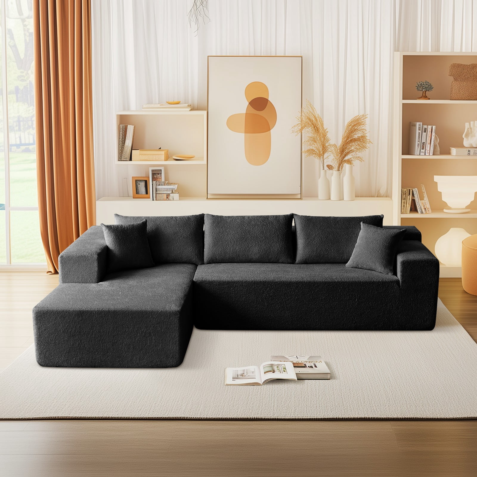 Vinform 103.54 Inch Velvet Sectional Sofa, Modern L-Shaped Modular Sofa with High-Density Foam (Includes Chaise Lounge and Throw Pillows), Upholstered Cloud Sofa for Living Rooms(Black/Right Side)