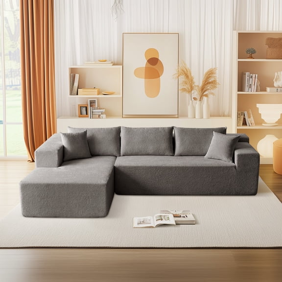 Vinform 103.54 Inch Velvet Sectional Sofa, Modern L-Shaped Modular Sofa with High-Density Foam (Includes Chaise Lounge and Throw Pillows), Upholstered Cloud Sofa for Living Rooms(Gray/Right Side)